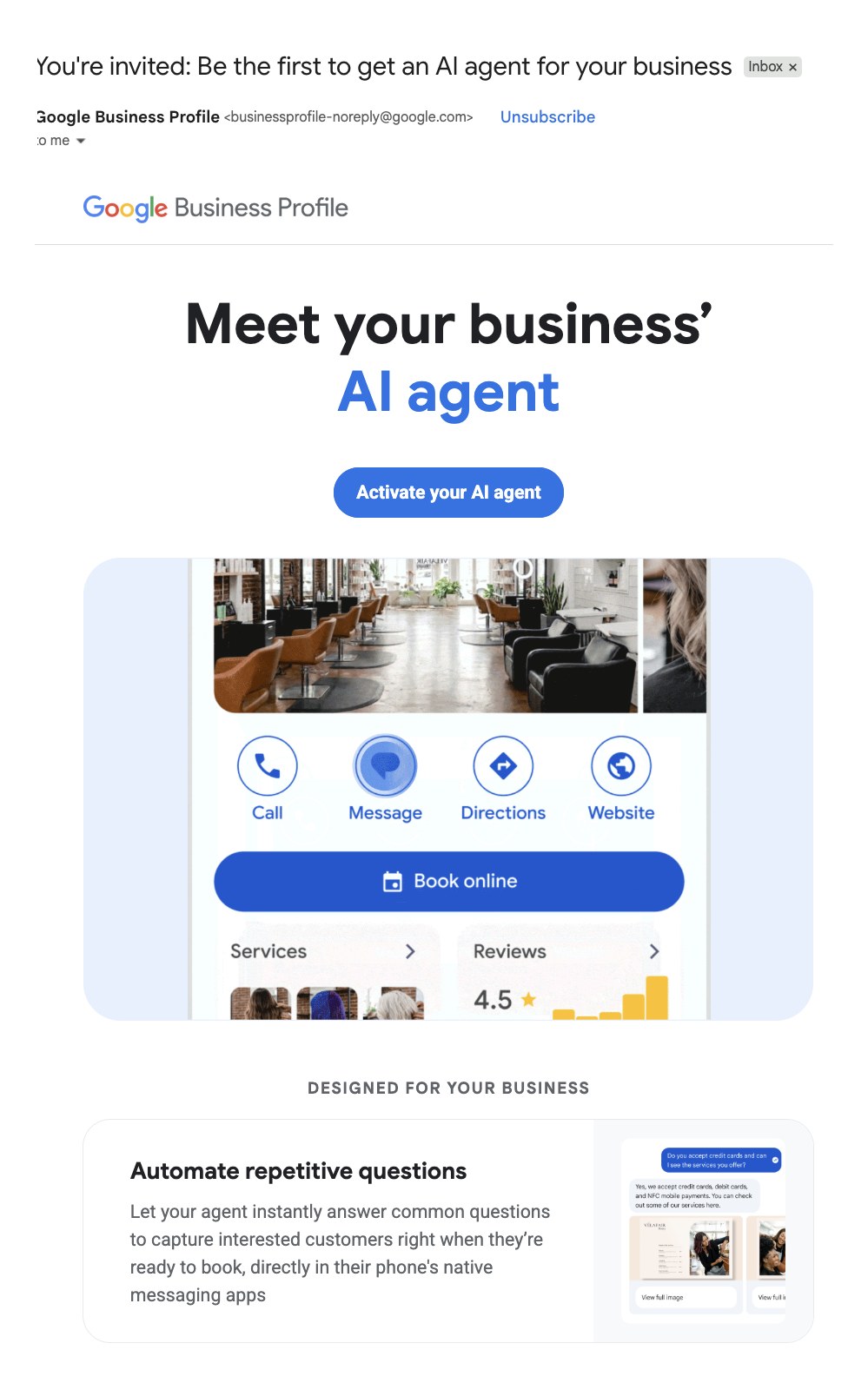 Google Business Profile invite email titled Meet your business' AI agent, with an Activate your AI agent button and a phone showing the Message button. Business details removed