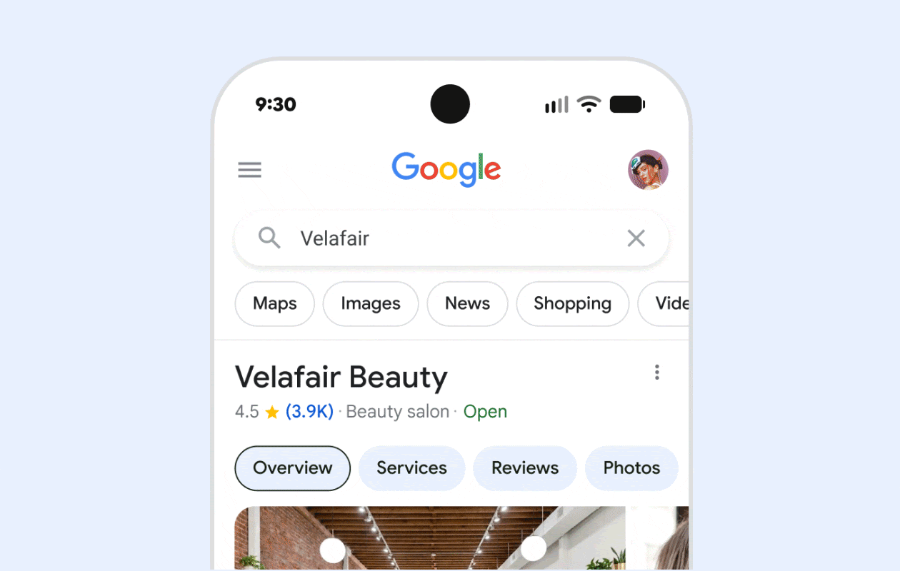 Google's demo of the Business Profile AI agent answering a customer's question and offering Saturday booking times in a phone's messaging app