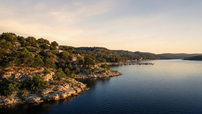 Lake Travis shoreline near Lakeway, Texas at golden hour